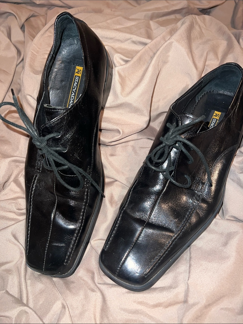 Stacy Adams Black Leather Square-Toe Lace-Up Oxfords